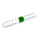 Dual-Ended Textured dildo with a center bulb, spiral and nub textured shaft  on a white background