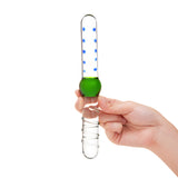 Hand holding a Dual-Ended Textured dildo with a center bulb, spiral and nub textured shaft  on a white background