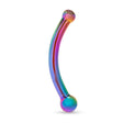 Iridescent curved glass dildo featuring bulb ends and smooth shaft on a white background