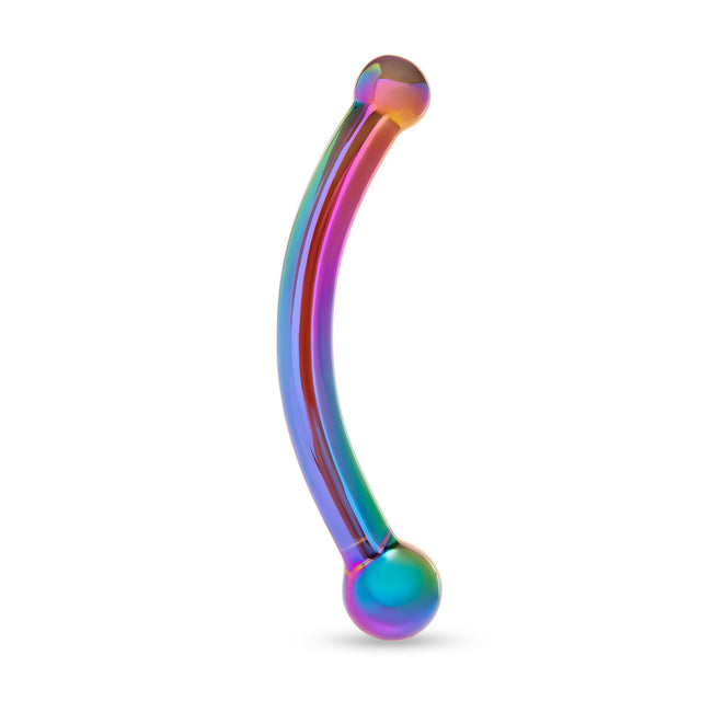 Iridescent curved glass dildo featuring bulb ends and smooth shaft on a white background