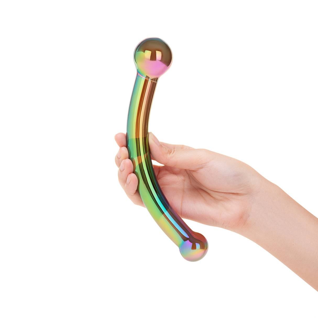 Hand holding a Iridescent curved glass dildo featuring bulb ends and smooth shaft on a white background
