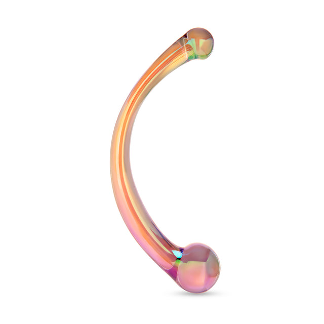 Multicolored c-shaped glass dildo on a white background