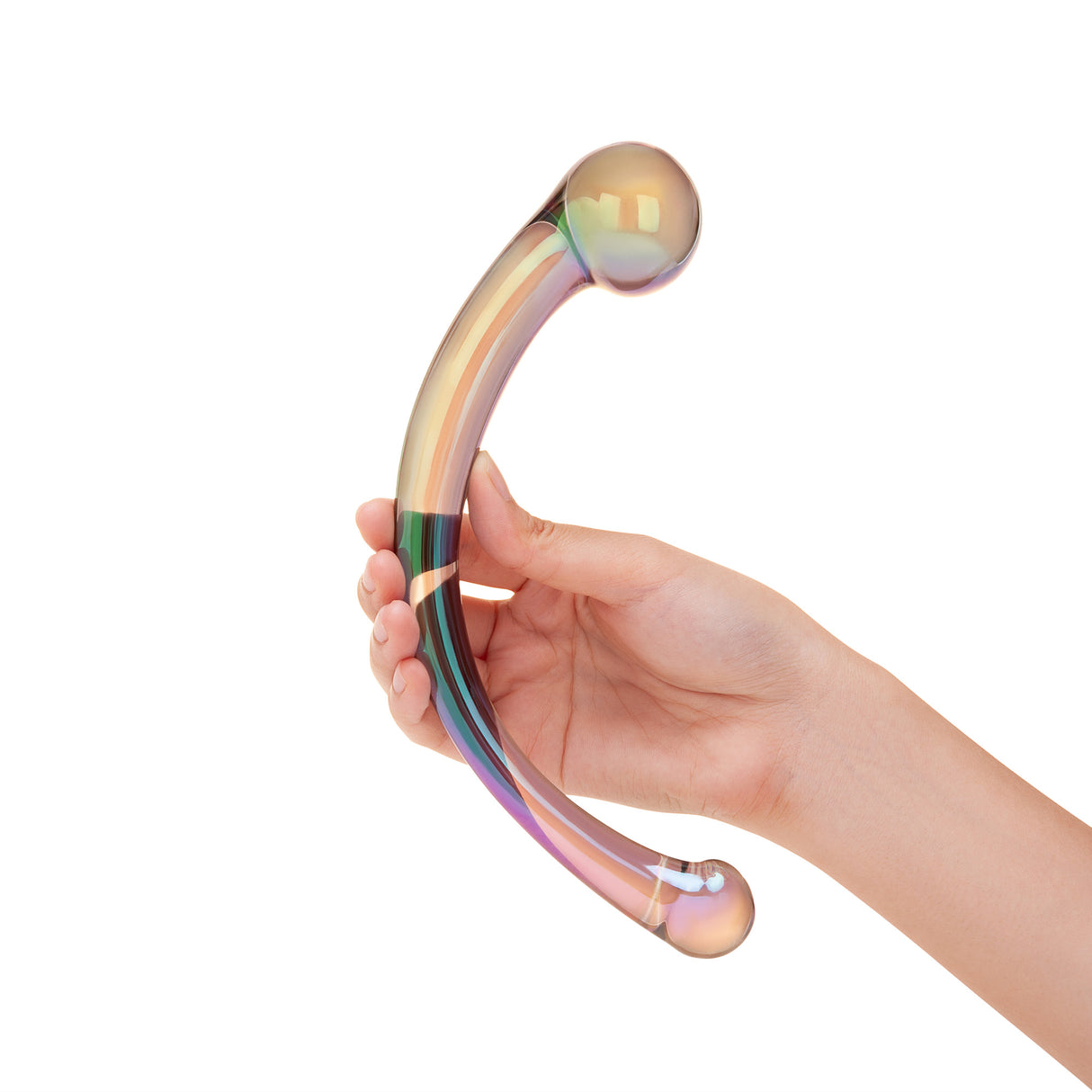 Multicolored c-shaped glass dildo on a white background