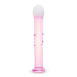 glass anal plug featuring a blush-pink shaft and frosted white tip with bubble-accented shaft on a white background