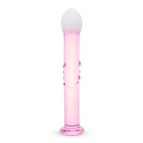 glass anal plug featuring a blush-pink shaft and frosted white tip with bubble-accented shaft on a white background