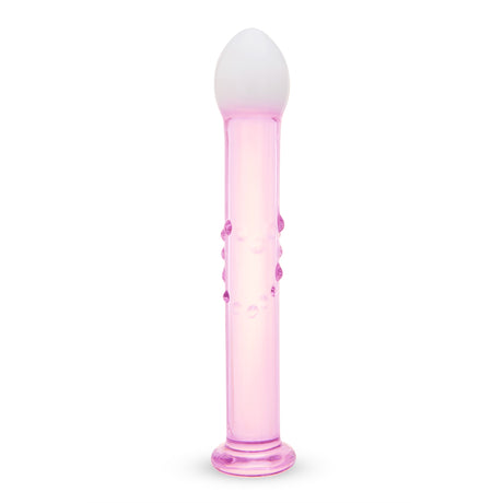 glass anal plug featuring a blush-pink shaft and frosted white tip with bubble-accented shaft on a white background