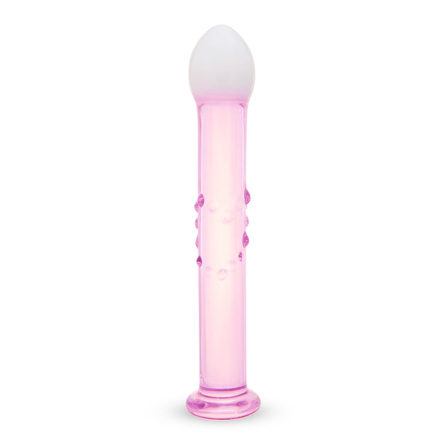 glass anal plug featuring a blush-pink shaft and frosted white tip with bubble-accented shaft on a white background