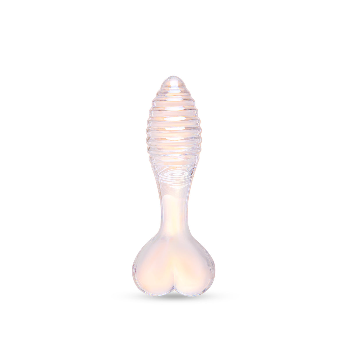 Ribbed Shaft Glass Anal Plug with a heart shaped base on a white background