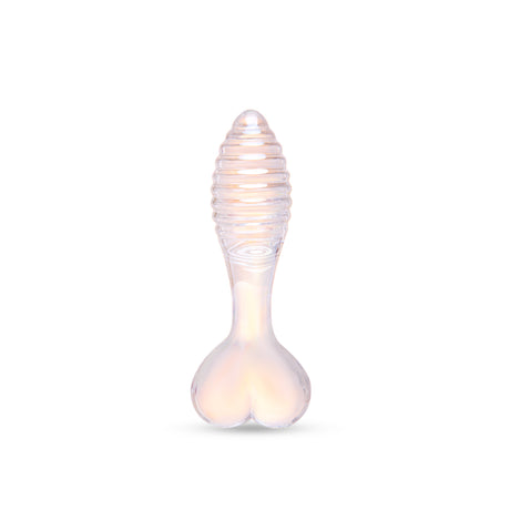 Ribbed Shaft Glass Anal Plug with a heart shaped base on a white background