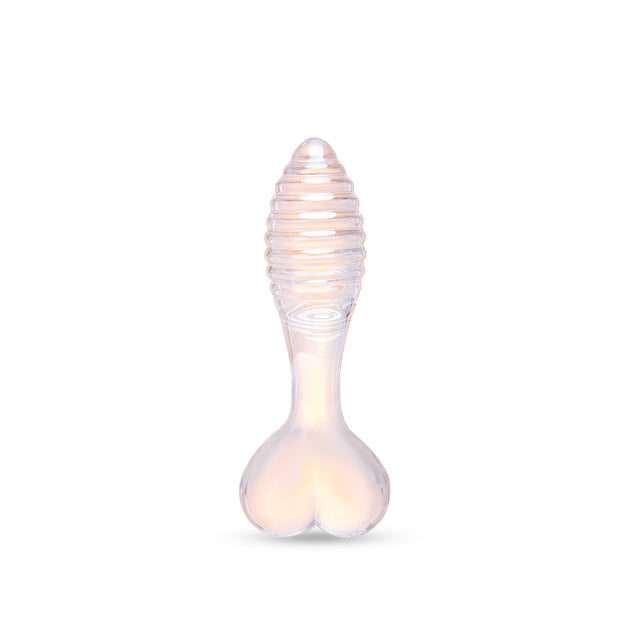 Ribbed Shaft Glass Anal Plug with a heart shaped base on a white background