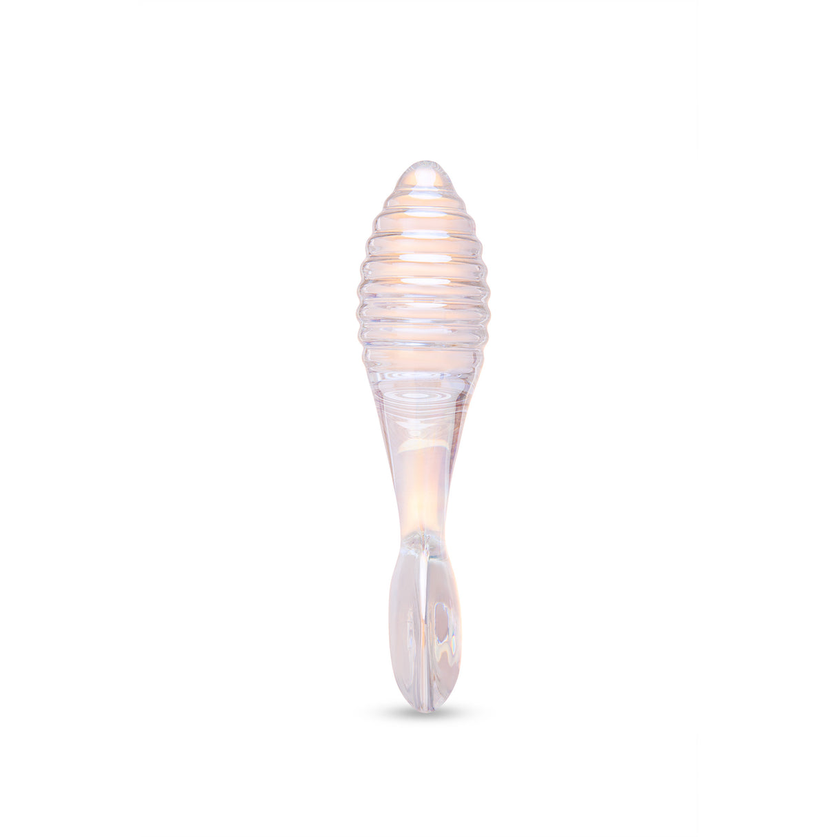 Ribbed Shaft Glass Anal Plug with a heart shaped base on a white background