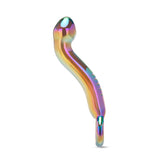 Holographic Curved Glass Dildo with a teardrop shaped tip and ribbed texture on a white background