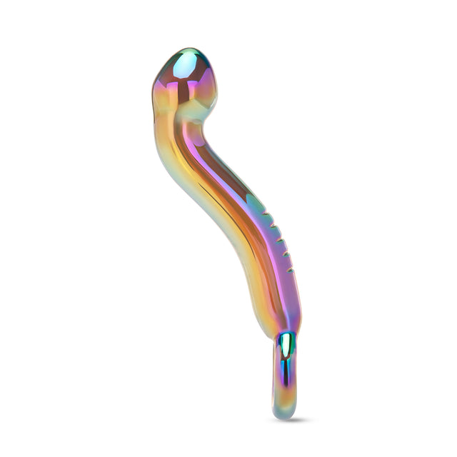 Holographic Curved Glass Dildo with a teardrop shaped tip and ribbed texture on a white background