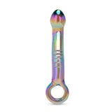 Holographic Curved Glass Dildo with a teardrop shaped tip and ribbed texture  on a white background