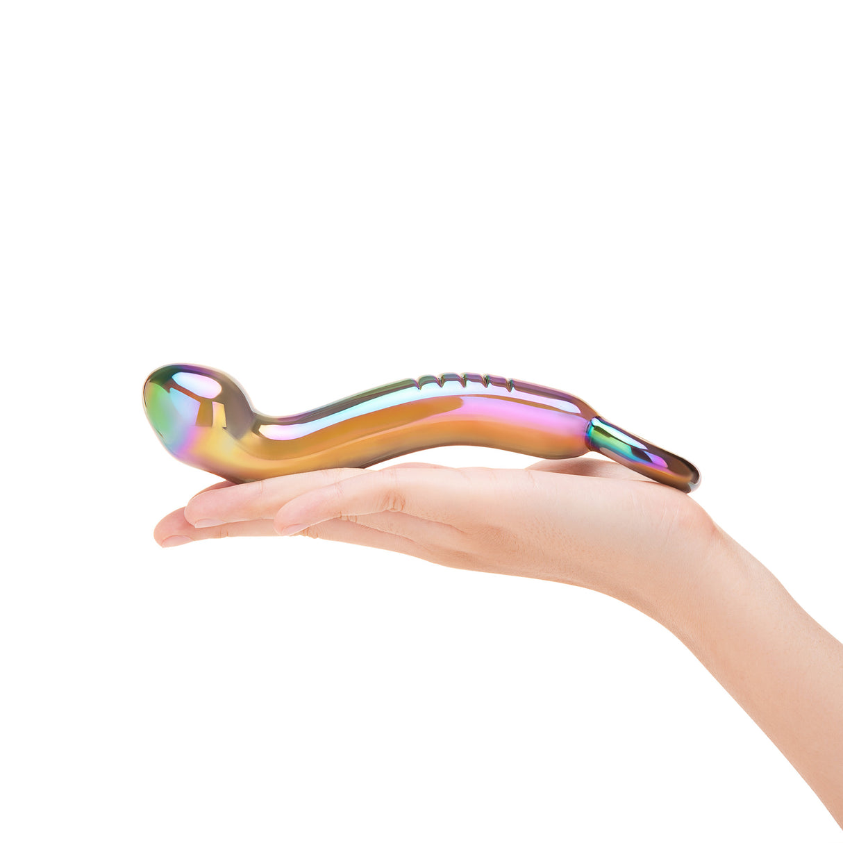 Holographic Curved Glass Dildo with a teardrop shaped tip and ribbed texture against a white background