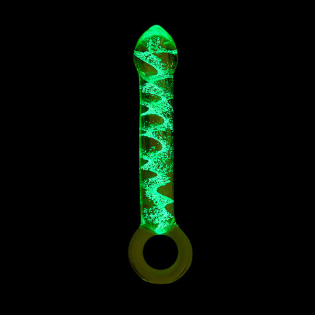 Glow in the Dark Curved Glass Dildo with teardrop tip and ring-shaped handle on a black background