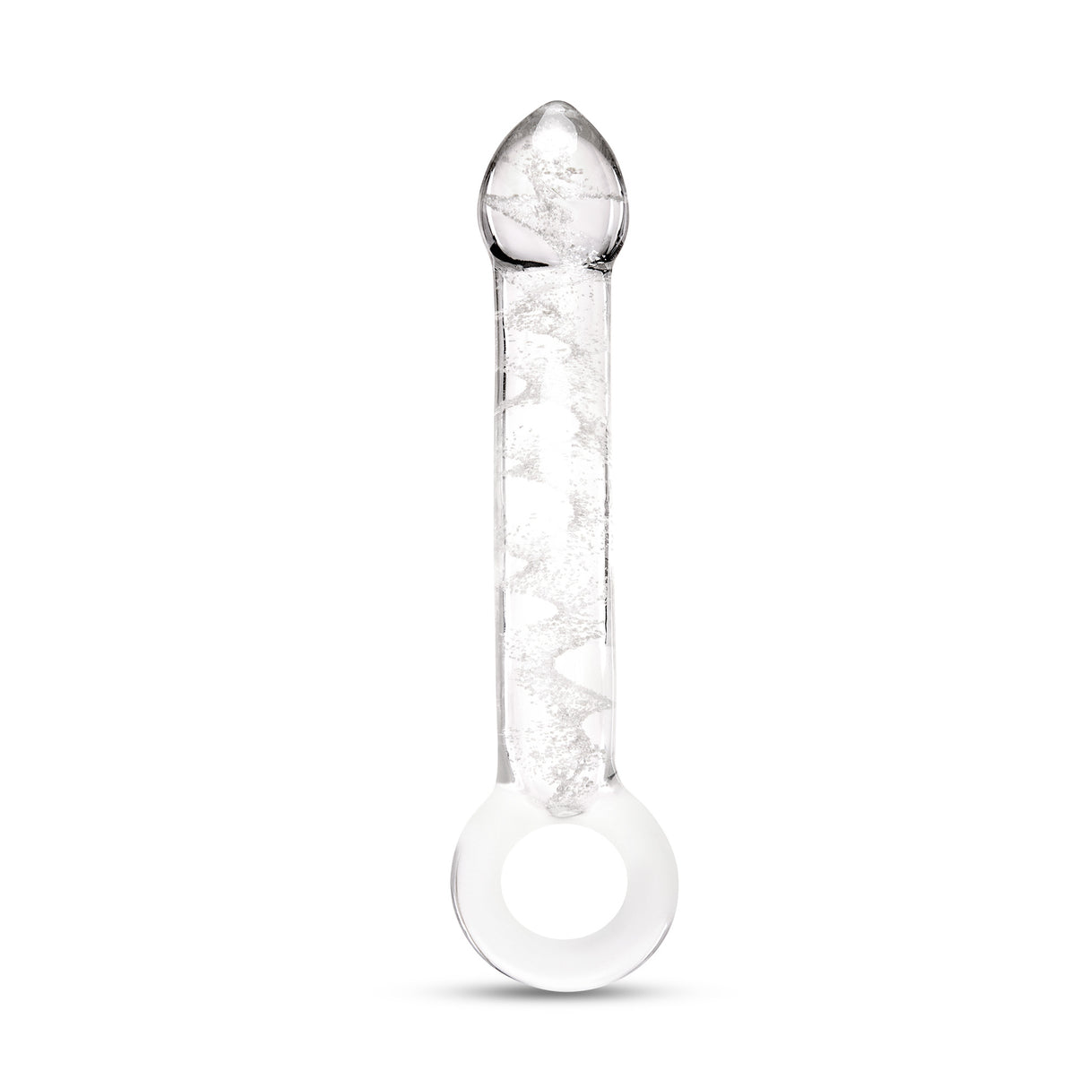 Glow in the Dark Curved Glass Dildo with teardrop tip and ring-shaped handle on a white background