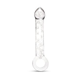 Glow in the Dark Curved Glass Dildo with teardrop tip and ring-shaped handle on a white background
