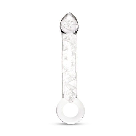 Glow in the Dark Curved Glass Dildo with teardrop tip and ring-shaped handle on a white background
