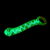 Glow in the Dark Curved Glass Dildo with teardrop tip and ring-shaped handle on a black background