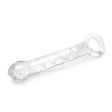 Glow in the Dark Curved Glass Dildo with teardrop tip and ring-shaped handle on a white background