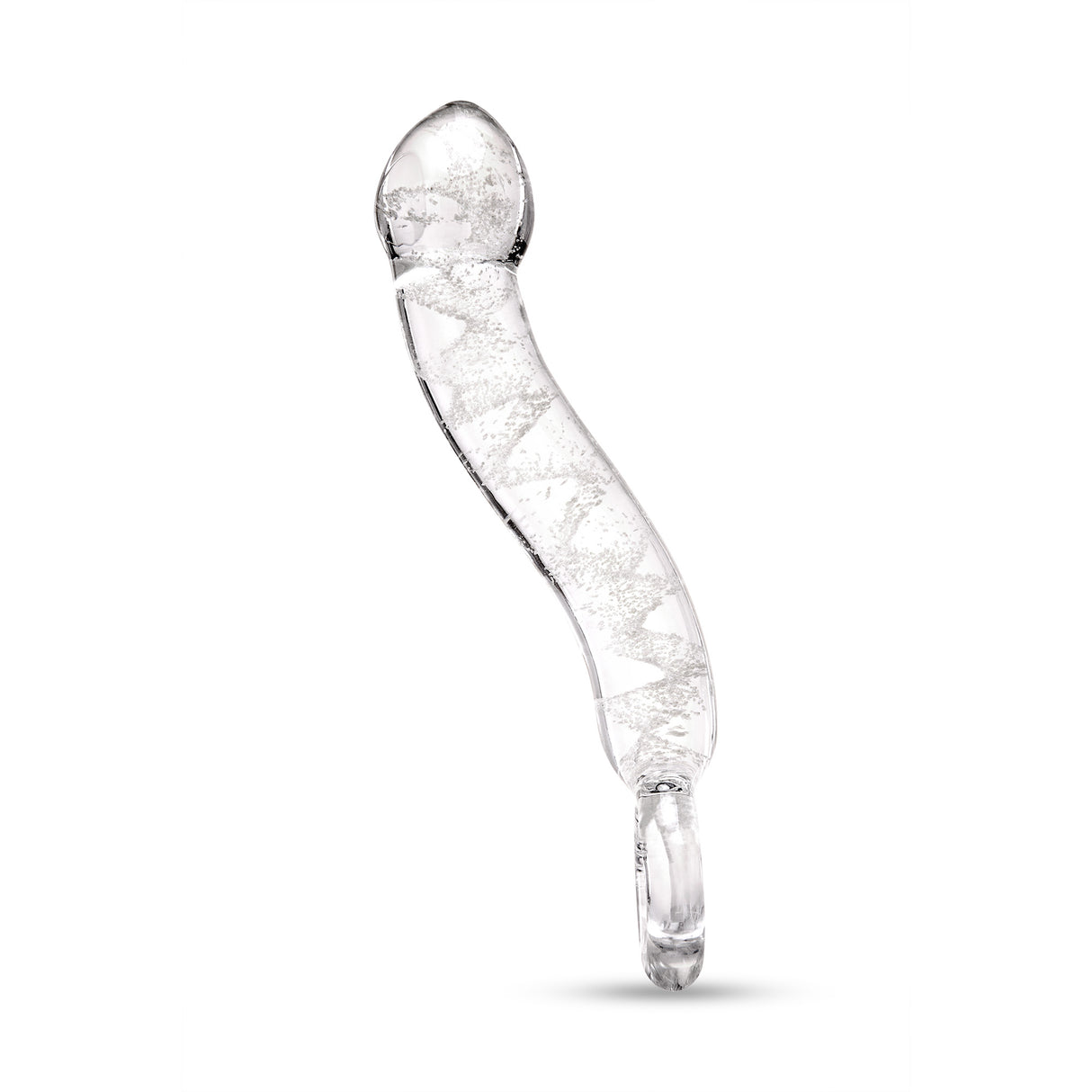 Glow in the Dark Curved Glass Dildo with teardrop tip and ring-shaped handle on a white background