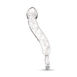 Glow in the Dark Curved Glass Dildo with teardrop tip and ring-shaped handle on a white background
