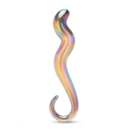 Holographic Glass Dildo with curvy shaft and ring handle on a white background