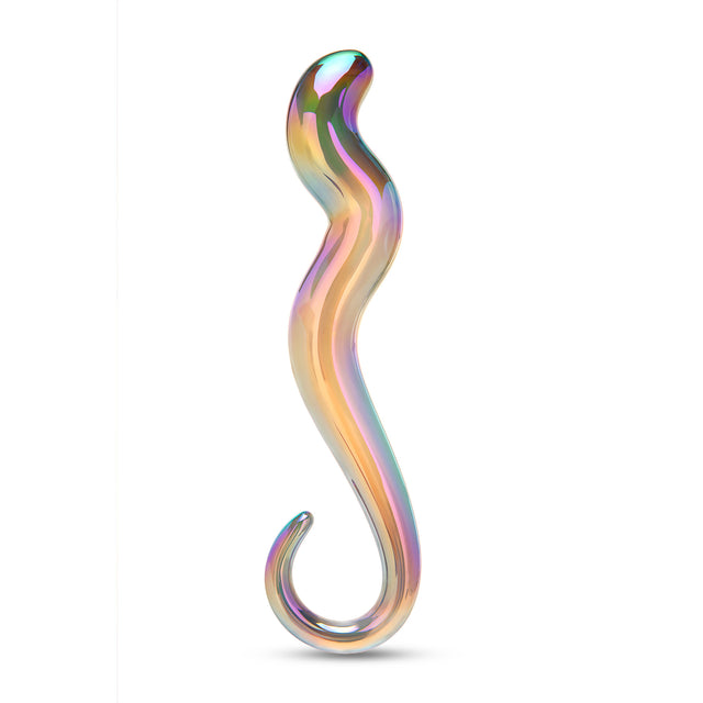 Holographic Glass Dildo with curvy shaft and ring handle on a white background