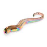 Holographic Glass Dildo with curvy shaft and ring handle on a white background