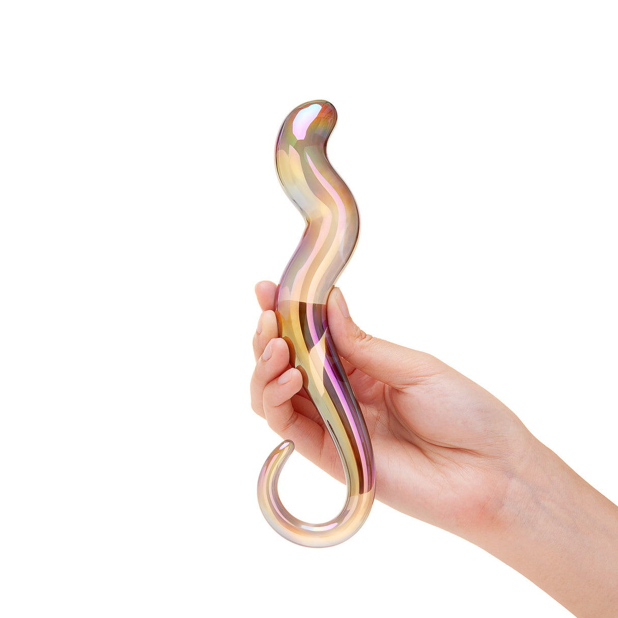 Hand holding a Holographic Glass Dildo with curvy shaft and ring handle against a white background