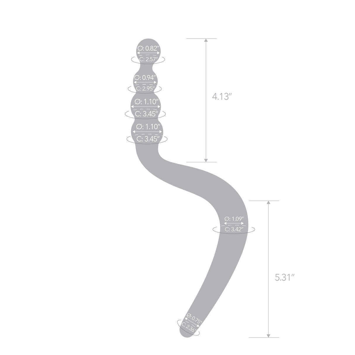 Gray measurement chart of a curved object with dimensions on a white background