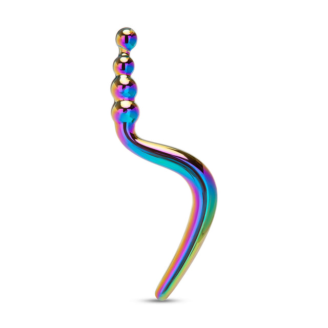 Multicolored Dual-Ended Glass Dildo with beaded and smooth ends on a white background