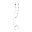 Dual-Ended Glass Dildo featuring blue accentsw with beaded ends and round bulb tip on a white background
