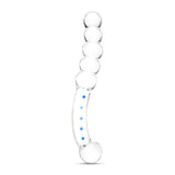 Dual-Ended Glass Dildo featuring blue accentsw with beaded ends and round bulb tip on a white background