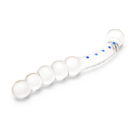 Dual-Ended Glass Dildo featuring blue accentsw with beaded ends and round bulb tip on a white background