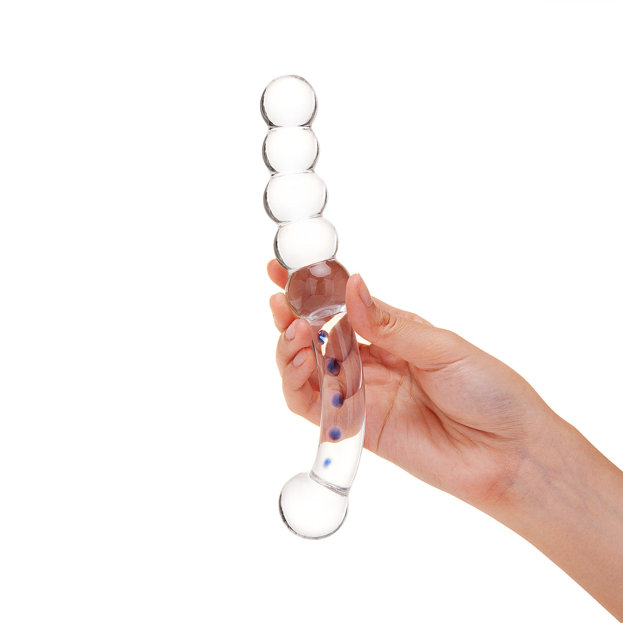 Hand holding a Dual-Ended Glass Dildo featuring blue accentsw with beaded ends and round bulb tip on a white background