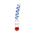 Dual-Ended Glass Dildo featuring a swirled textured shaft and beaded tip with blue and red colors on a white background