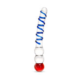 Dual-Ended Glass Dildo featuring a swirled textured shaft and beaded tip with blue and red colors on a white background