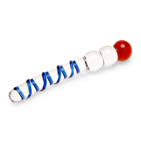 Dual-Ended Glass Dildo featuring a swirled textured shaft and beaded tip with blue and red colors on a white background