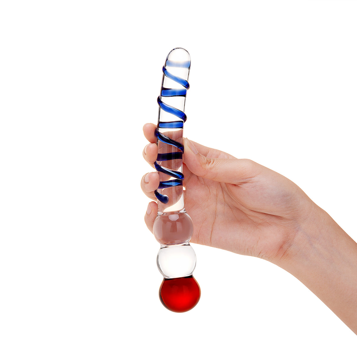 Dual-Ended Glass Dildo featuring a swirled textured shaft and beaded tip with blue and red colors held by a hand on a white background