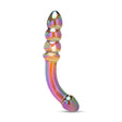 Multicolored Dual-Ended Glass Dildo with beaded and bulb tip on a white background