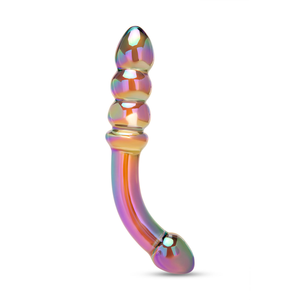 Multicolored Dual-Ended Glass Dildo with beaded and bulb tip on a white background
