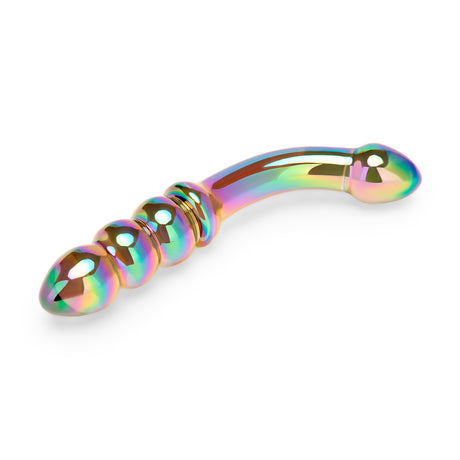 Multicolored Dual-Ended Glass Dildo with beaded and bulb tip on a white background