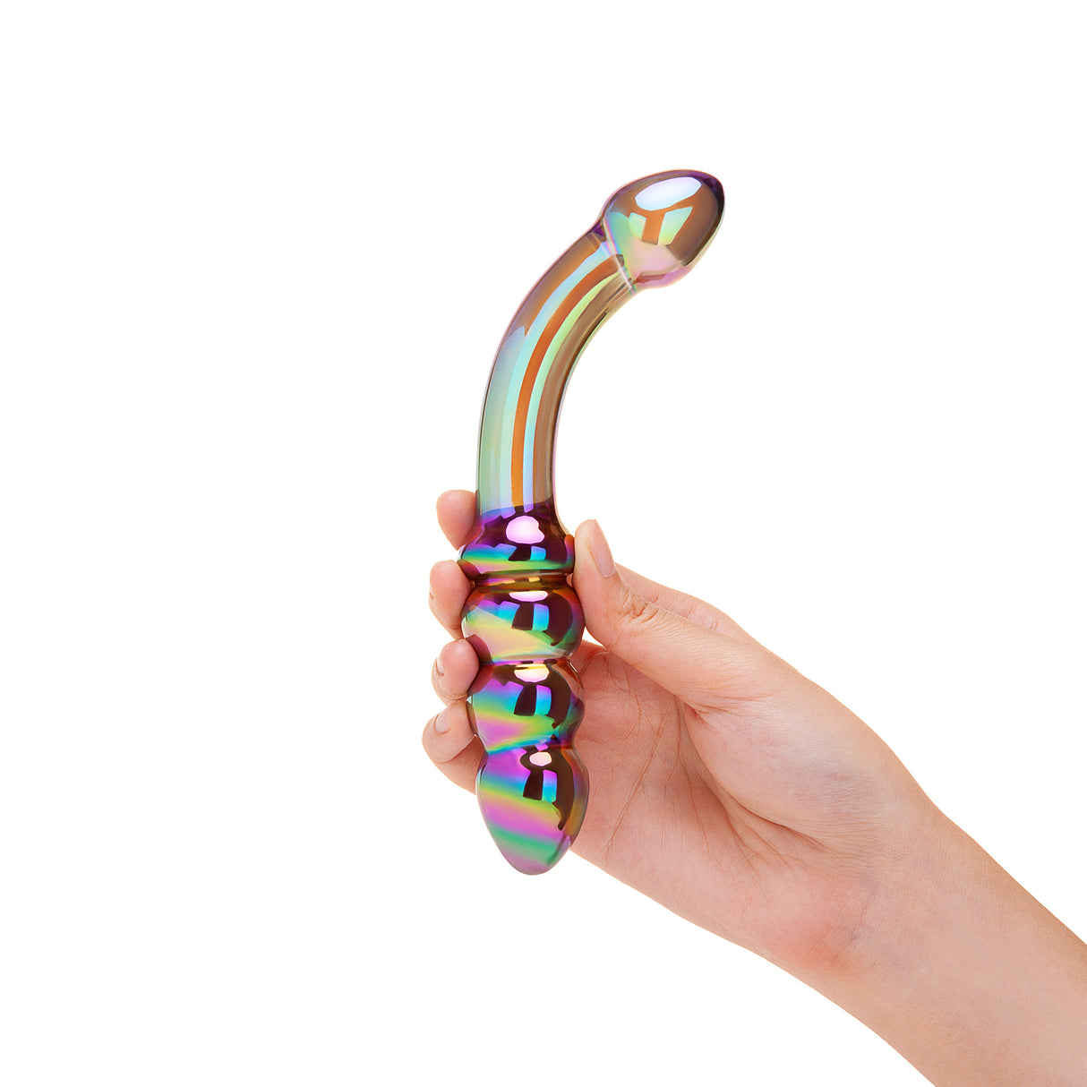 Hand holding Multicolored Dual-Ended Glass Dildo with beaded and bulb tip against a white background
