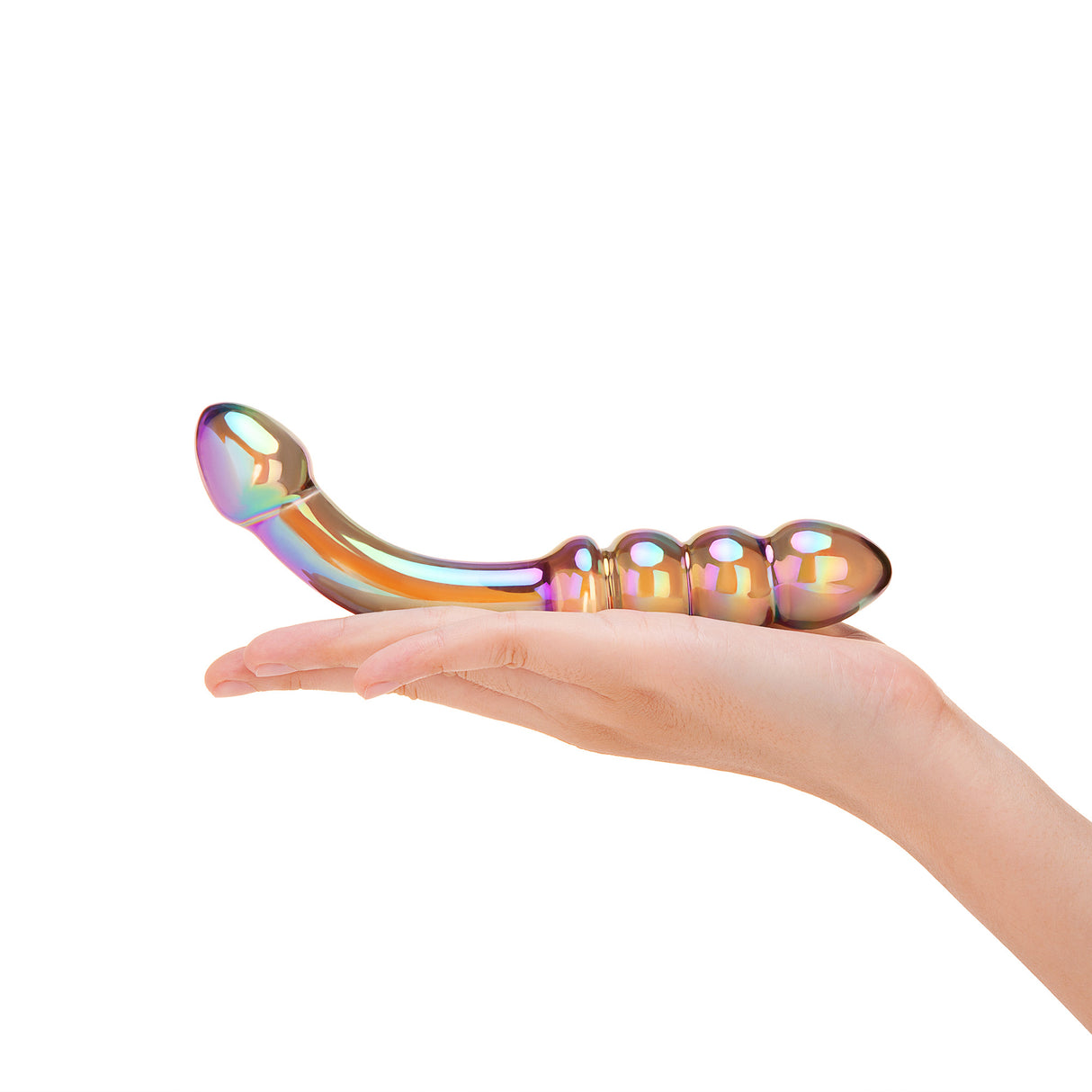 Hand holding a cMulticolored Dual-Ended Glass Dildo with beaded and bulb tip  against a white background