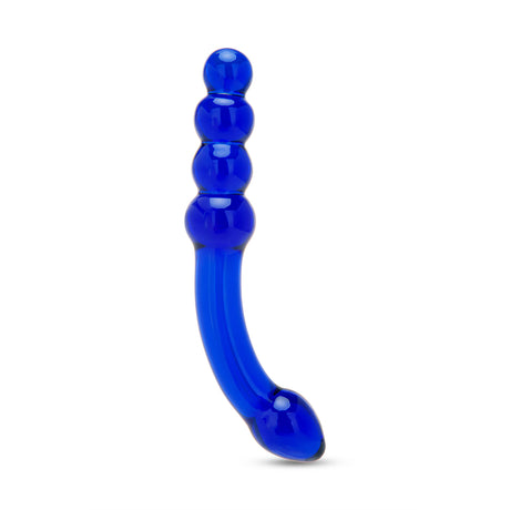 blue dual-ended glass curved dildo with graduated beads and tapered tip  on a white background
