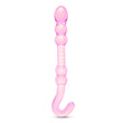 Pink Beaded Glass Dildo with rippled center, beaded shaft and hook-shaped handle on a white background