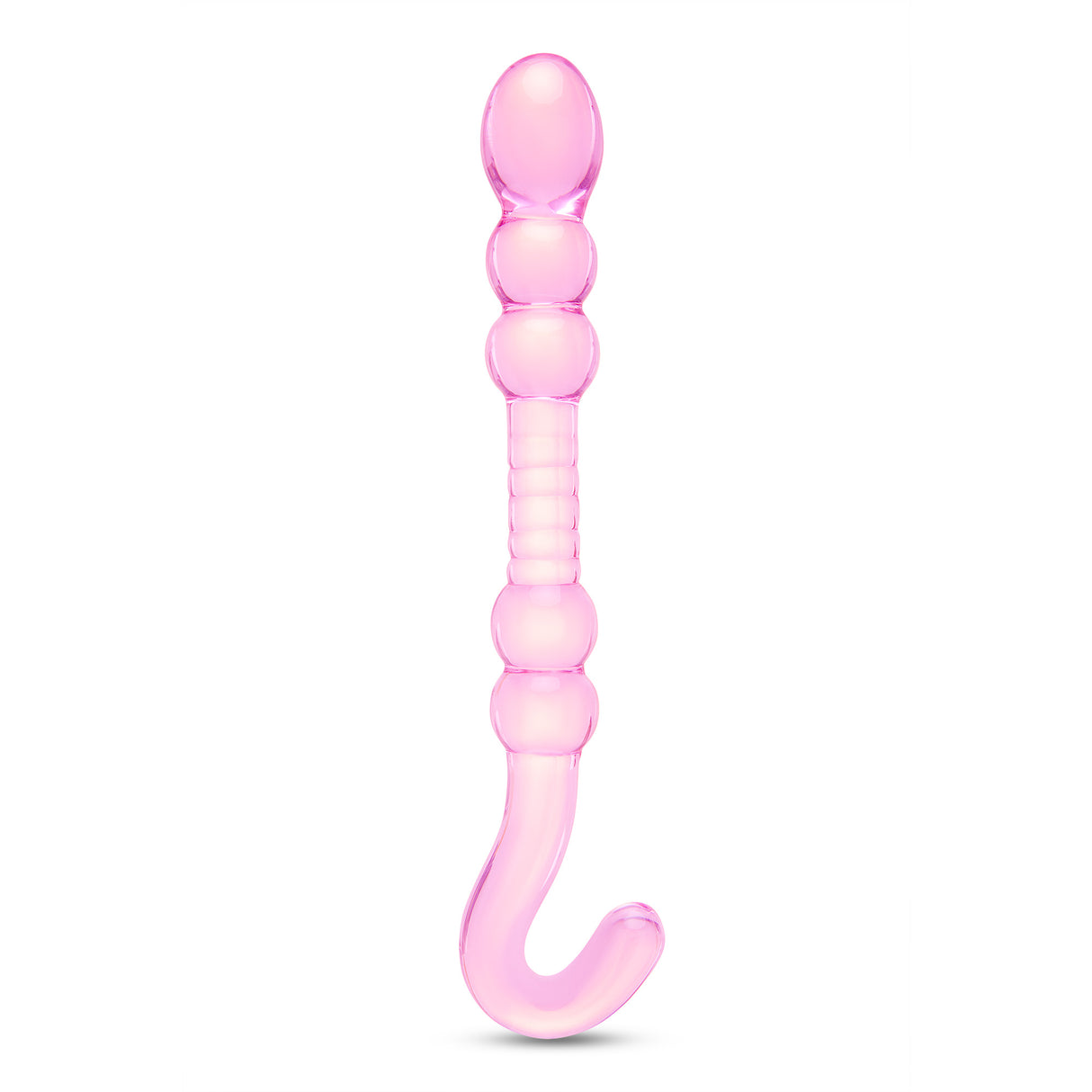 Pink Beaded Glass Dildo with rippled center, beaded shaft and hook-shaped handle on a white background