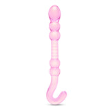 Pink Beaded Glass Dildo with rippled center, beaded shaft and hook-shaped handle on a white background